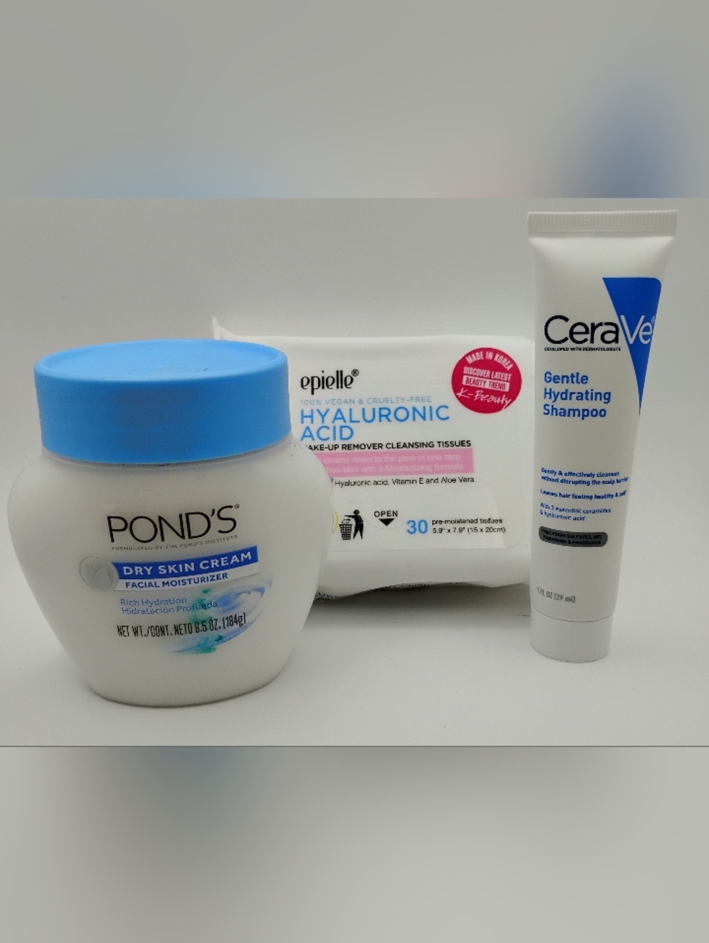 Pond's Dry Skin Facial Moisturizer, Cerave Shampoo, & Makeup Remover Wipes